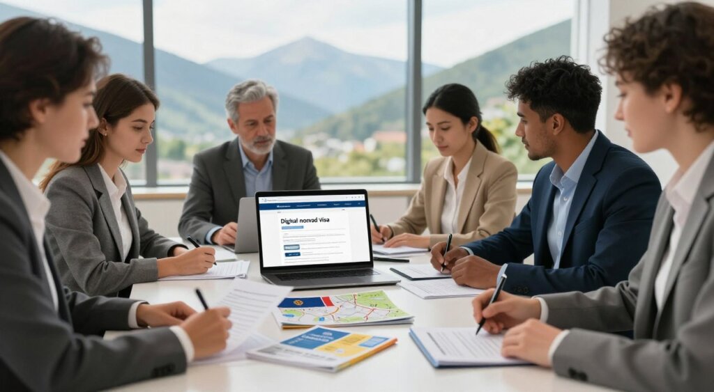 A professional setting showcasing the digital nomad visa application process for Albania. In the foreground, a diverse group of individuals, dressed in professional business attire, are intently discussing documents and filling out forms at a sleek conference table. In the middle ground, a laptop displays the official Albanian visa website, while various travel brochures and maps are spread out, emphasizing the connection to Albania. The background features a large window with a view of the Albanian landscape, showcasing lush mountains and clear skies, creating an inspiring atmosphere. Soft, natural lighting floods the scene, with a focus on the warmth and professionalism of the environment. The overall mood conveys determination and optimism, emphasizing the exciting journey of applying for a digital nomad visa.