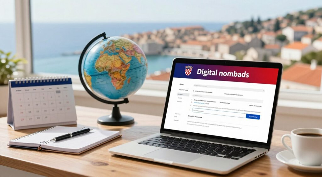 A professional setting showcasing the visa requirements for digital nomads in Croatia. In the foreground, an open laptop on a wooden desk, displaying an application form with highlighted criteria like “proof of work,” “income requirement,” and “health insurance.” Beside the laptop, a notebook with a pen and a coffee cup. In the middle, a globe and a calendar with the Croatian flag. The background features a bright, inviting window with a stunning view of a Croatian coastal city, like Dubrovnik or Split, under natural daylight. The scene conveys a mood of opportunity and international connectivity, captured in sharp focus with a soft bokeh effect. The lighting is warm, emphasizing a professional yet relaxed atmosphere, suitable for a digital nomad lifestyle.