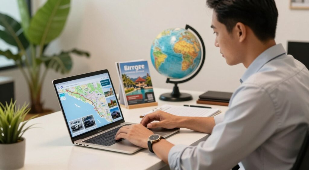 A professional travel agent sitting at a sleek, modern desk in a well-lit office setting, using a laptop to book a private transfer from Bali Airport. In the foreground, the agent is focused on the screen, with a map of Bali and images of luxury vehicles displayed on the desk, conveying a sense of planning and attention to detail. In the middle background, travel brochures and a globe highlight the theme of international travel. Soft, warm lighting creates an inviting atmosphere, while a well-arranged tropical plant adds a touch of Bali’s natural beauty to the setting. The image should evoke professionalism, reliability, and the excitement of travel, captured in sharp focus with a slight depth of field effect.