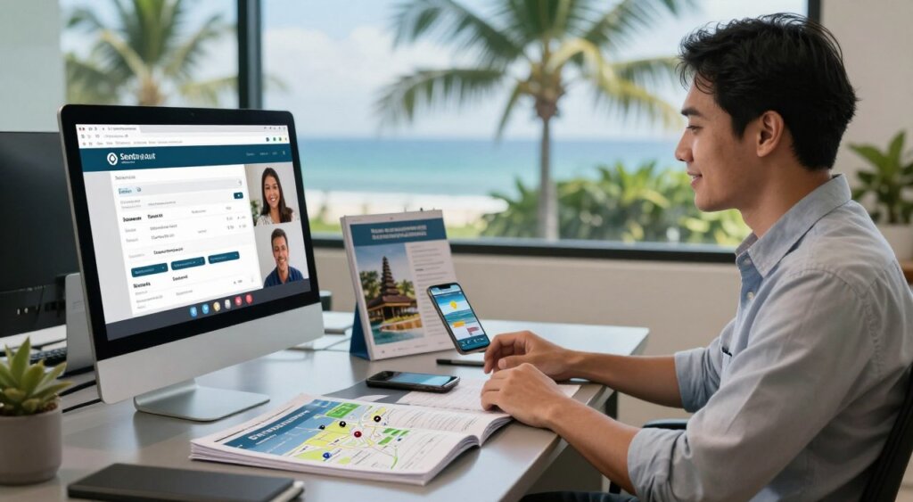 A professional travel agent sitting at a sleek, modern desk in an office, engaged in a video call with a client arranging a private transfer from Bali Airport to Seminyak. The foreground features a computer screen displaying a booking interface with flight details and transfer options. In the middle, a stylish brochure about Bali's attractions lies open next to a smartphone showing a map of Seminyak. In the background, a window overlooks a tropical landscape with palm trees and blue skies, hinting at the serene destination. The scene is lit with soft, natural light, creating an inviting and efficient atmosphere. The agent is dressed in business casual attire, exuding professionalism and friendliness.
