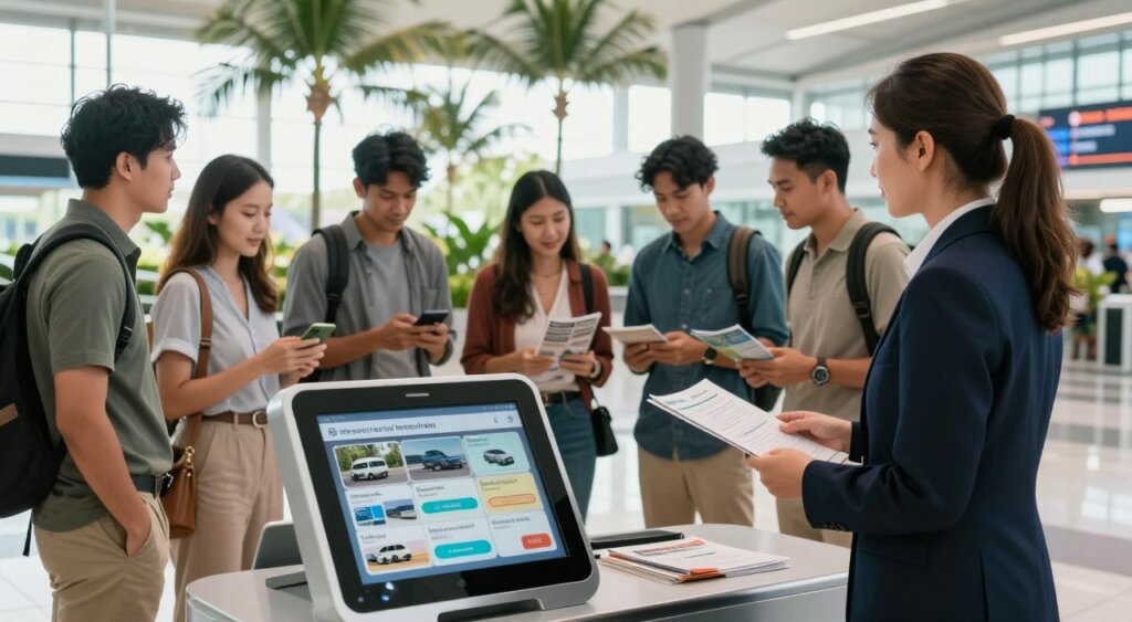 A professional travel agent stands at a vibrant Bali airport terminal, assisting a diverse group of travelers in booking their airport transfer. The foreground features a sleek, modern kiosk displaying various shuttle service options, with an inviting touch screen interface. In the middle ground, the travelers, dressed in smart casual attire, are engaged in conversation, some checking their phones while others review informational brochures. The background showcases the tropical ambiance of the terminal, with palm trees visible through large windows and natural light streaming in, creating a warm, welcoming atmosphere. The composition is shot at eye level to capture the interaction, with a shallow depth of field to emphasize the travelers and the kiosk, evoking a sense of excitement and ease in organizing their transport.