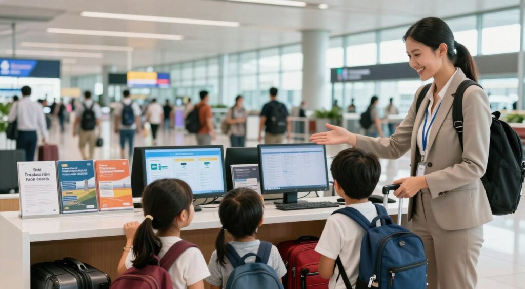 A professional travel guide assisting a family with their luggage in a modern Bali airport setting. In the foreground, the guide wears stylish business attire, smiling as they explain tailored transfer service options to the family, who appear excited and relieved. The middle ground features a well-organized transfer desk with brochures and digital screens displaying various transfer options, reflecting a variety of travel needs. The background captures a bustling airport scene, with travelers in a clean, bright environment illuminated by natural light streaming through large windows. The overall mood is welcoming and efficient, highlighting the convenience of personalized services. Capture the image using a realistic lens with a shallow depth of field to emphasize the subjects while softly blurring the background. A professional travel guide assisting a family with their luggage in a modern Bali airport setting. In the foreground, the guide wears stylish business attire, smiling as they explain tailored transfer service options to the family, who appear excited and relieved. The middle ground features a well-organized transfer desk with brochures and digital screens displaying various transfer options, reflecting a variety of travel needs. The background captures a bustling airport scene, with travelers in a clean, bright environment illuminated by natural light streaming through large windows. The overall mood is welcoming and efficient, highlighting the convenience of personalized services. Capture the image using a realistic lens with a shallow depth of field to emphasize the subjects while softly blurring the background.
