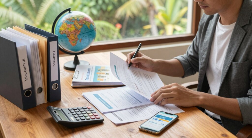 A professional traveler sits at a stylish wooden desk, carefully reviewing an array of travel insurance documents and financial preparation materials. In the foreground, there's a neatly arranged filing system with folders labeled "Insurance" and "Budget" alongside a calculator and a smartphone displaying a travel insurance app. In the middle, a travel guidebook about Bali is opened beside a vibrant globe, suggesting far-off destinations. The background features a serene window view of a tropical landscape, enhancing the mood of anticipation and adventure. The scene is bathed in warm, natural lighting, with a soft focus to emphasize the professionalism of the traveler, who is dressed in smart casual attire. The composition should evoke a sense of readiness and responsible planning for a trip.