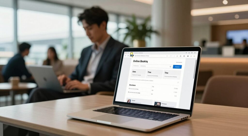 A professional user interface displaying an online booking process for airport transfers, prominently featuring a laptop on a sleek desk in the foreground. The screen shows a clean, intuitive website layout with options for selecting date, time, and destination. In the middle ground, a well-dressed business traveler, wearing a smart casual outfit, is engaged with the booking process, focused on the screen, exuding a sense of ease and confidence. The background features soft focus elements of an airport lounge, with travelers in the distance, and decorative plants creating a relaxed atmosphere. The lighting is warm and inviting, with natural light streaming through a nearby window, enhancing the photojournalistic quality, emulating a National Geographic style. A professional user interface displaying an online booking process for airport transfers, prominently featuring a laptop on a sleek desk in the foreground. The screen shows a clean, intuitive website layout with options for selecting date, time, and destination. In the middle ground, a well-dressed business traveler, wearing a smart casual outfit, is engaged with the booking process, focused on the screen, exuding a sense of ease and confidence. The background features soft focus elements of an airport lounge, with travelers in the distance, and decorative plants creating a relaxed atmosphere. The lighting is warm and inviting, with natural light streaming through a nearby window, enhancing the photojournalistic quality, emulating a National Geographic style.