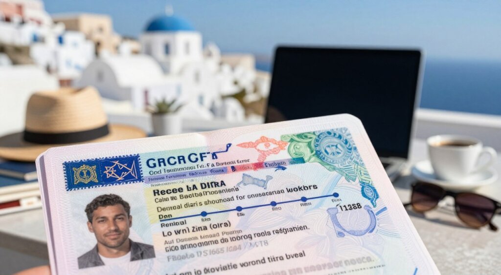 A professional visa document for Greece prominently displayed in the foreground, featuring elegant Greek motifs and symbols. The document emphasizes its significance for remote workers and includes an illustrated timeline indicating the duration and renewal process. In the middle ground, subtle hints of a digital nomad lifestyle, like a laptop, coffee cup, and travel accessories, are artfully arranged. The background showcases a picturesque Greek landscape with iconic white-washed buildings and azure skies, enhancing the allure of working remotely in Greece. The atmosphere is bright and inviting, with soft natural lighting that highlights the details of the document. Capture this scene from a slightly elevated angle to add depth, resembling a high-quality photojournalism piece.