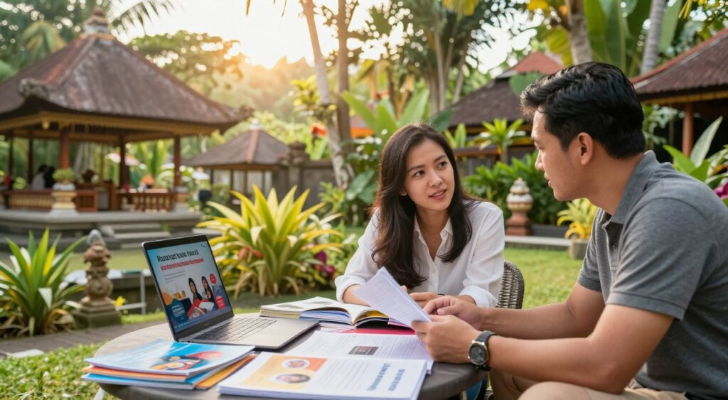 A professional woman and man exploring various educational materials in a serene outdoor setting in Bali. In the foreground, they are engaged in a thoughtful discussion, surrounded by brochures, books, and a laptop showcasing Indonesian language programs. The middle ground features lush tropical plants and traditional Balinese architecture, depicting the rich cultural environment. In the background, soft, golden sunlight filters through the trees, creating a warm and inviting atmosphere. The photo captures the essence of learning in a picturesque location, with vibrant colors and clear details, taken from a slightly elevated angle to give a panoramic view of the setting. The mood is inspiring and tranquil, ideal for showcasing the idea of choosing the right Indonesian language program. A professional woman and man exploring various educational materials in a serene outdoor setting in Bali. In the foreground, they are engaged in a thoughtful discussion, surrounded by brochures, books, and a laptop showcasing Indonesian language programs. The middle ground features lush tropical plants and traditional Balinese architecture, depicting the rich cultural environment. In the background, soft, golden sunlight filters through the trees, creating a warm and inviting atmosphere. The photo captures the essence of learning in a picturesque location, with vibrant colors and clear details, taken from a slightly elevated angle to give a panoramic view of the setting. The mood is inspiring and tranquil, ideal for showcasing the idea of choosing the right Indonesian language program.
