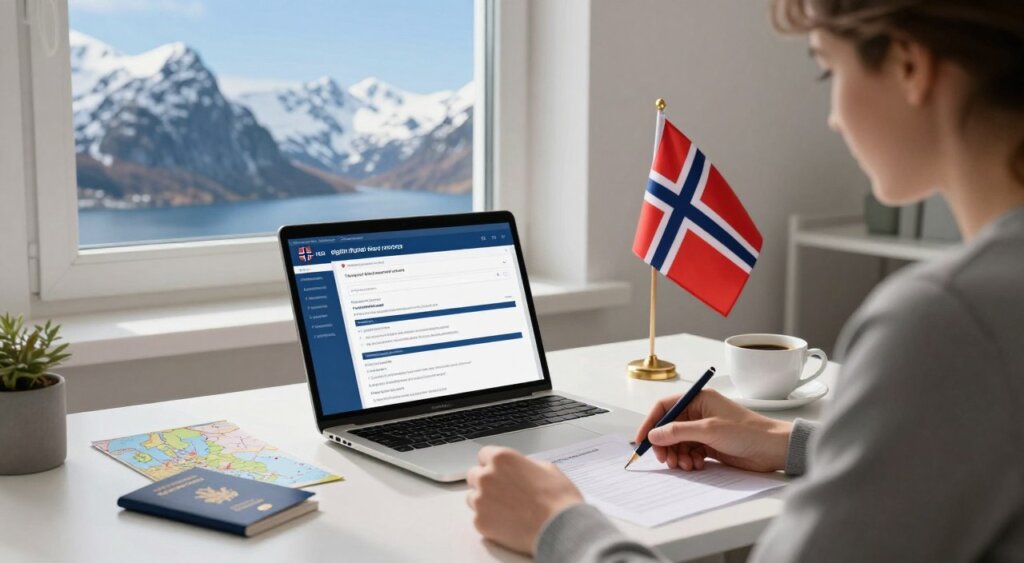 A professional workspace depicting the Norway digital nomad visa application process, featuring a neatly organized desk with a laptop displaying visa application forms and a national flag of Norway. In the foreground, a focused individual, dressed in smart casual attire, is intently reviewing documents. The middle ground showcases an array of essential items including a passport, a map of Norway, and a cup of coffee. In the background, a window reveals a picturesque Norwegian landscape, featuring snowy mountains and a clear blue sky, creating a serene yet motivating atmosphere. Soft, natural lighting filters in from the window, casting gentle shadows and enhancing the workspace's inviting ambiance. The overall mood conveys professionalism, focus, and the excitement of starting a new journey as a digital nomad in Norway.