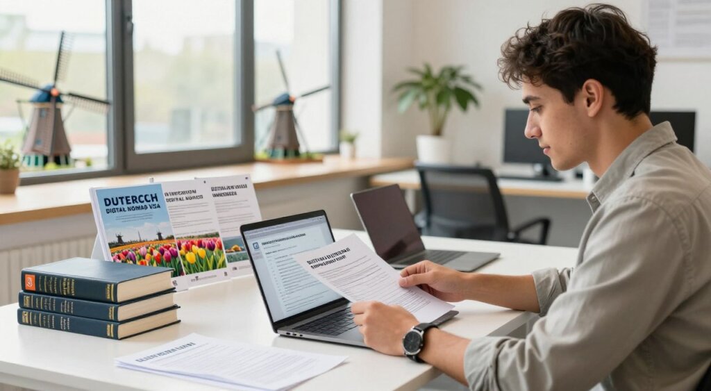 A professional workspace depicting the legal considerations of the Dutch digital nomad visa. In the foreground, a focused digital nomad, a young professional in business casual attire, sits at a modern desk with a laptop, reviewing documents related to visa applications. The middle ground features stacks of law books and pamphlets about immigration laws, alongside visuals of Dutch landmarks such as windmills and tulip fields, symbolizing the Netherlands. The background showcases a bright, airy office space with large windows allowing natural light to illuminate the setting, creating a warm and welcoming atmosphere. The overall mood is informative and inspiring, emphasizing the blend of work and travel that defines the digital nomad lifestyle.