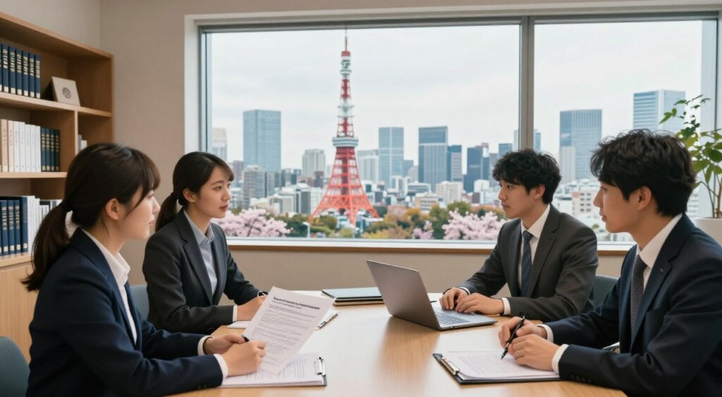 A professional workspace illustrating "Legal Considerations for Digital Nomads" in Japan. In the foreground, a diverse group of three individuals dressed in smart business attire is engaged in discussion over a table filled with legal documents and a laptop. The middle layer features a large window showcasing a vibrant Tokyo skyline, with iconic landmarks like Tokyo Tower and cherry blossom trees. The background includes a bookshelf filled with legal books and Japanese decor. Soft, natural lighting pours in from the window, creating a warm and inviting atmosphere. Capture this scene with a wide-angle lens, focusing on the interaction and emphasizing a sense of professionalism and collaboration, ideal for a legal context.