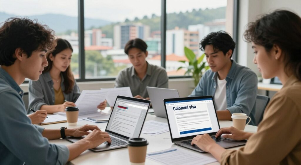 A professional workspace scene showcasing the digital nomad visa application process for Colombia. In the foreground, a diverse group of individuals (two men and one woman) in business casual attire engage with laptops and documents, focused expressions on their faces. The middle ground features a table cluttered with application forms, a laptop displaying the Colombian government website, and coffee cups, suggesting a collaborative effort. The background reveals large windows with a view of a vibrant Colombian cityscape, bathed in soft natural light. The atmosphere is productive and energetic, conveying the excitement of applying for a digital nomad visa, with a sense of global opportunity. The image should evoke professionalism and optimism, capturing the essence of remote work in a foreign environment.