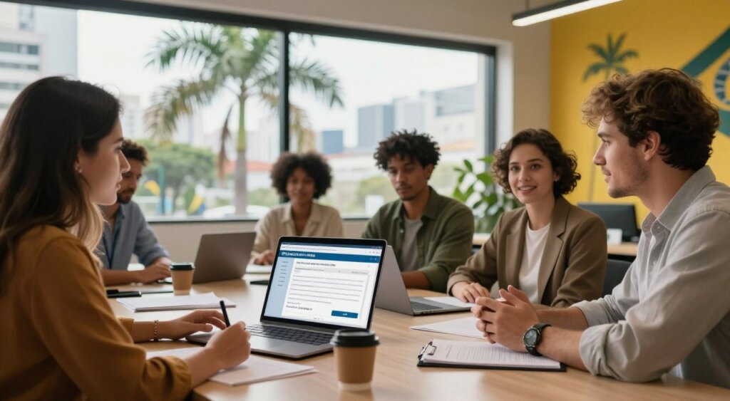 A professional workspace set in Brazil, featuring a modern desk with a laptop open to a digital nomad visa application form. In the foreground, a diverse group of individuals dressed in smart casual attire, including a woman with dark hair and a man with light hair, are engaged in discussion, surrounded by documents and a coffee cup. The middle ground showcases a beautiful view through a large window, revealing palm trees and a hint of a bustling city skyline. Soft, natural lighting illuminates the scene, casting gentle shadows. The background displays vibrant Brazilian decor, blending a modern office atmosphere with hints of local culture. The overall mood is focused and optimistic, capturing the excitement of the application process.
