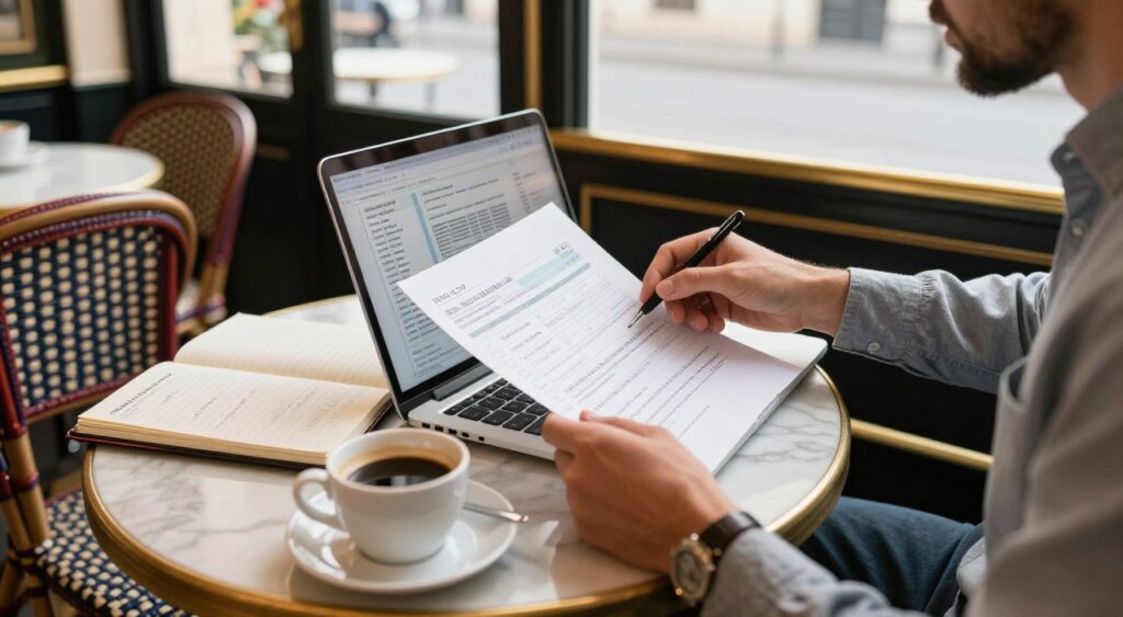 A professional workspace set in a chic Parisian café, highlighting a digital nomad's financial planning process. In the foreground, a focused individual in smart casual attire reviews financial documents on a laptop, with a cup of coffee beside them. The middle ground features an open notebook filled with notes about taxes and budgeting, and the backdrop reveals a glimpse of the café's elegant decor, characterized by Parisian-style furnishings and large windows allowing soft, natural light to flood the scene. The image captures a warm and inviting atmosphere, emphasizing productivity and the balance of work and travel in a vibrant city. Use a slightly elevated angle to portray the workspace effectively and convey a sense of inspiration in this financial planning moment.