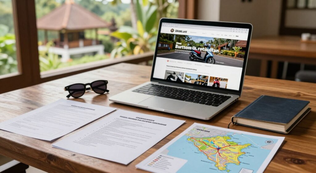 A professional workspace setup featuring a wooden table displaying essential scooter rental documentation, including regulations and requirements for renting a scooter in Bali. In the foreground, neatly arranged papers and a vibrant map of Bali emphasize travel routes. The middle ground showcases a stylish laptop open to a webpage about scooter rental guidelines, with accessories such as a pair of sunglasses and a travel journal. In the background, a softly lit Balinese landscape can be seen through an open window, with lush greenery and a glimpse of traditional architecture. The lighting is warm and inviting, creating a welcoming atmosphere. Capture this scene with a slight overhead angle, imbuing a sense of professionalism and clarity, suitable for a travel guide about scooter rentals.