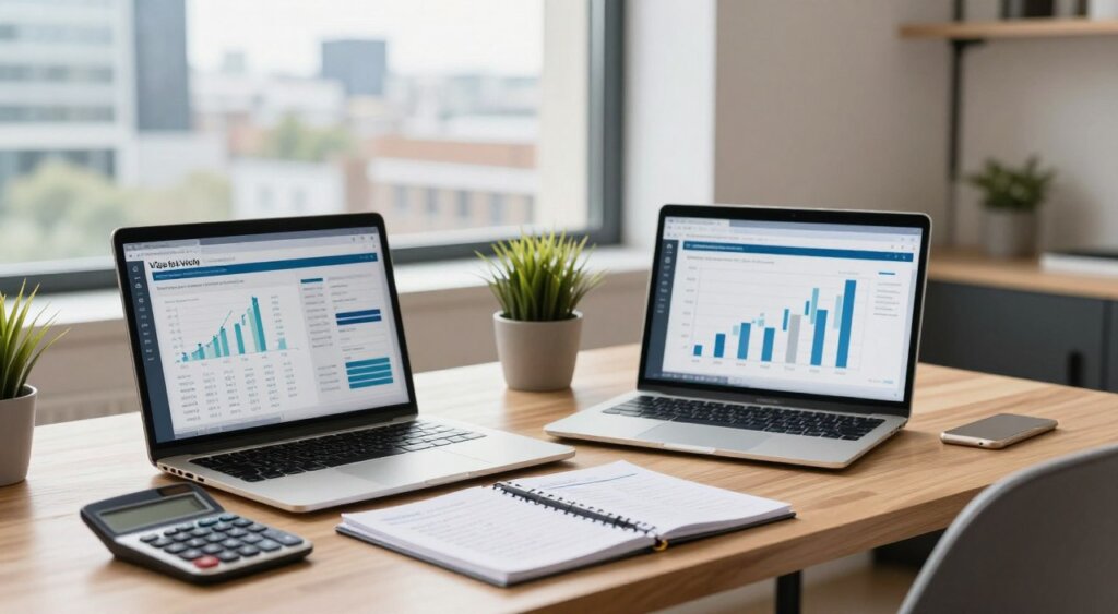 A professional workspace showcasing UK remote work visa fees and costs. In the foreground, a sleek wooden desk with a laptop displaying financial graphs, a calculator, and notepads with notes on visa costs. The middle ground features a stylish chair and a small potted plant, adding a touch of greenery. In the background, a large window with natural light streaming in, revealing a blurred cityscape of London, hinting at remote work possibilities. The scene is well-lit, capturing a bright and inviting atmosphere, reminiscent of a dedicated home office. The overall mood is focused and professional, embodying the concept of modern remote work in the UK, with an emphasis on financial organization and planning.
