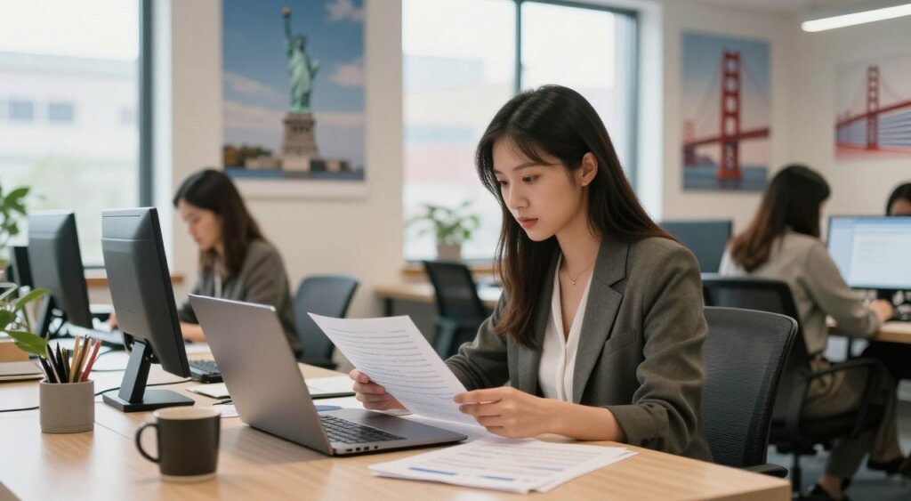 A professional young woman sits at a modern workspace in a bustling co-working environment, surrounded by laptops and various digital devices. She is dressed in smart casual attire, focused on her work while reviewing financial documents on her screen. In the background, posters depict various iconic American landmarks like the Statue of Liberty and the Golden Gate Bridge, subtly representing the U.S. context. Soft, natural light streams through large windows, creating a warm and inviting atmosphere. The scene captures a blend of urban energy and professionalism, emphasizing the balance between work and the digital nomad lifestyle. The image is framed with a shallow depth of field to keep the focus on the woman, enhancing the informative yet engaging mood.