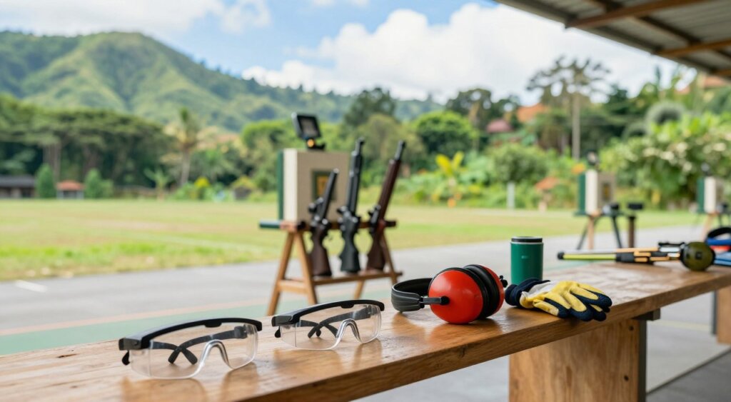 A professionally arranged gun range in Bali showcasing essential safety equipment. In the foreground, a neatly arranged set of safety goggles, ear protection, and gloves on a clean, wooden bench. In the middle ground, a shooting station complete with a target stand and a rack holding various firearms, all adhering to safety protocols. The background features lush Balinese greenery and the gentle slope of hills under a bright blue sky with soft clouds, creating a serene atmosphere. The lighting is bright and natural, emphasizing the vibrant colors of the equipment and surroundings. A slight angle from a low perspective captures the essence of a professional, safe shooting experience in an exotic location, evoking a sense of adventure and caution.