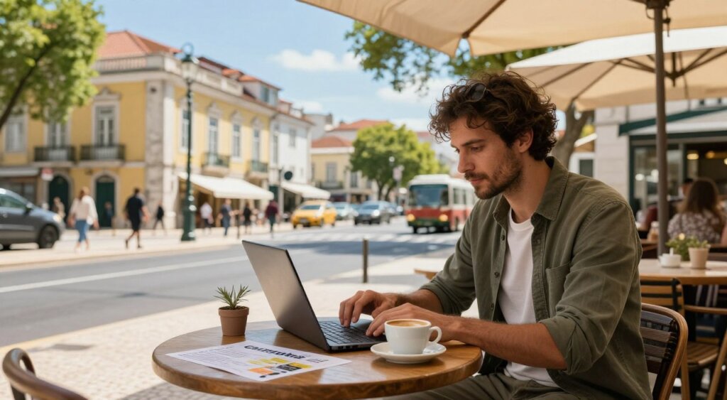 A realistic and detailed photojournalism-style image illustrating the living costs in popular EU destinations for digital nomads. In the foreground, a well-dressed remote worker sits at a wooden café table outdoors, laptop open, with a steaming coffee cup beside them. The middle ground features a bustling city street in Lisbon, showcasing charming architecture and vibrant street life, while a visible cost breakdown chart appears subtly on the table (without text). In the background, bright blue skies and lush green trees frame the scene, enhancing the overall inviting atmosphere. The lighting is warm and midday, soft shadows cast by nearby umbrellas creating a relaxed mood, capturing the essence of life as a digital nomad in Europe.