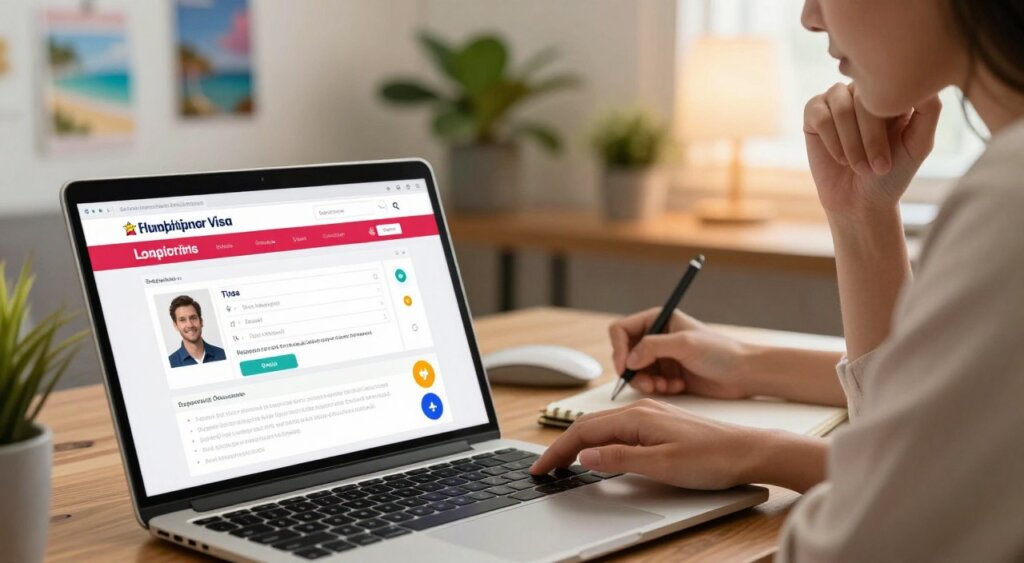 A realistic and detailed scene showcasing a digital interface for an online application for the long-term stay visa in the Philippines. In the foreground, a sleek laptop is open, displaying a user-friendly application form with sections for personal information, visa type, and supporting documents. The screen is vibrant, showing colorful icons and fields. In the middle ground, a professional-looking individual, dressed in business casual attire, is thoughtfully reviewing the application while taking notes. The background features a well-decorated workspace with plants and travel brochures about the Philippines, conveying a mood of anticipation and excitement. The lighting is warm and inviting, suggesting a late afternoon setting, captured with a shallow depth of field to emphasize the application process while slightly blurring the background elements.