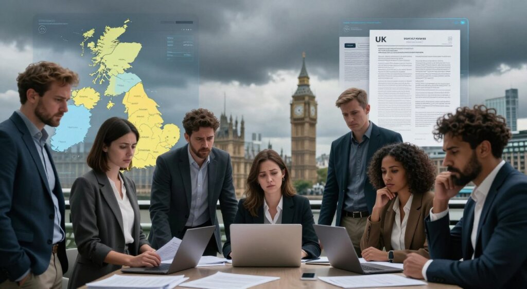 A realistic photojournalism-style scene illustrating the challenges of the UK digital nomad visa. In the foreground, a diverse group of professionals in smart casual attire stands around a table filled with paperwork and laptops, looking concerned. The middle ground features a digital map of the UK on one side, with highlighted regions representing visa application challenges, while the other side shows legal documents and rejection letters scattered about. In the background, a cloudy London skyline merges with iconic landmarks like Big Ben and the Tower Bridge, symbolizing the urban setting. The mood is tense and contemplative, with dim lighting creating a serious atmosphere, captured with a slightly angled lens to emphasize the subjects' expressions and the challenges they face.