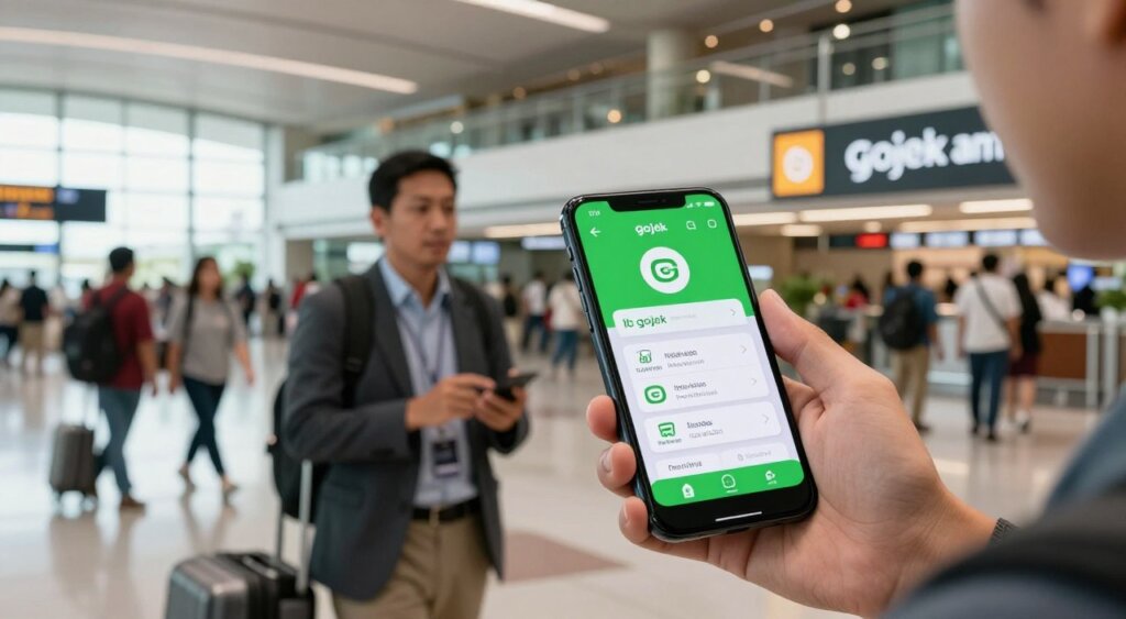 A realistic, photojournalistic image showcasing a person using the Gojek app on a smartphone in a bustling airport terminal in Bali. In the foreground, focus on the smartphone screen displaying the Gojek app interface, vibrant and intuitive. The middle ground features a traveler in professional attire, reviewing the app, looking engaged and ready to explore. The background captures elements of the airport, such as elegant architecture, travelers moving about, and travel-related signage, all illuminated by soft, natural light filtering through large windows. The atmosphere is busy yet organized, conveying a sense of excitement and convenience in utilizing ride-hailing services upon arrival in Bali.