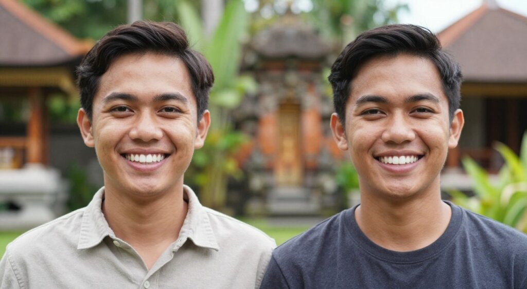 A realistic, professional photo showcasing the dramatic before and after results of Bali teeth whitening. In the foreground, a smiling individual in modest casual clothing, showcasing their brightened smile with confidence. Their teeth should be noticeably whiter in the after photo compared to the before image adjacent to it, which shows a more subdued smile, emphasizing the transformation. The middle ground includes soft, natural lighting, enhancing the gleam of their teeth and giving a warm, inviting atmosphere. The background features a serene Bali setting, such as lush greenery or traditional Balinese architecture, to evoke the essence of the location. The composition should have a clean, photojournalism style, focusing on clarity and professionalism, devoid of any text or overlays.