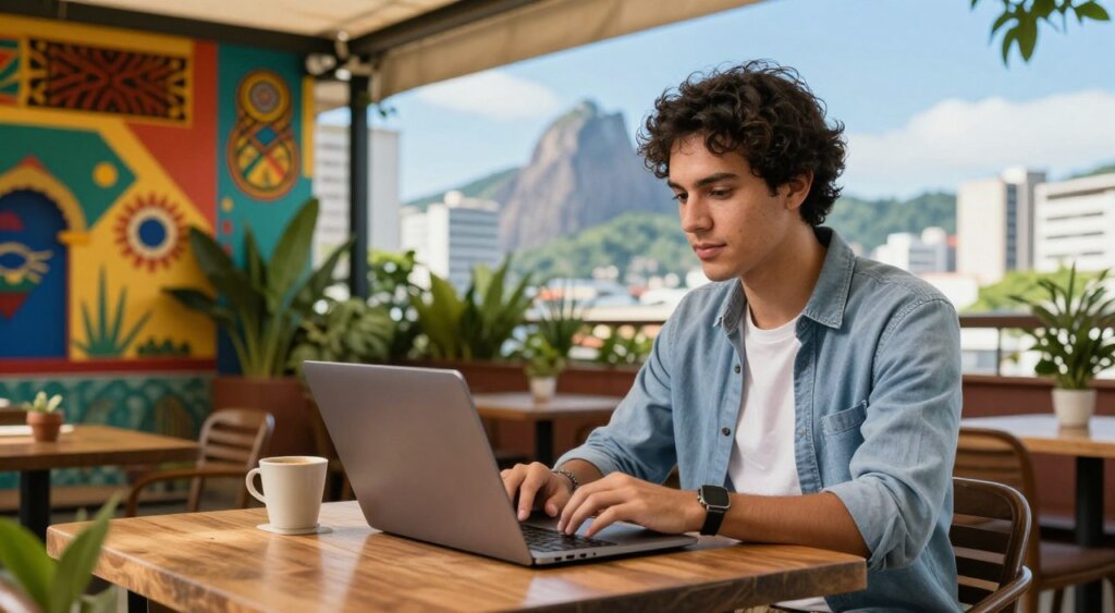 A remote worker sitting at a stylish outdoor café in Brazil, immersed in their laptop, showcasing the digital nomad lifestyle. The foreground focuses on a young professional, dressed in casual yet trendy business attire, engaged in their work. The middle ground features vibrant colorful decorations typical of Brazilian culture, like tropical plants and traditional patterns. In the background, a picturesque cityscape merges with a clear blue sky, capturing the essence of Brazilian urban life. Soft, natural lighting enhances the inviting atmosphere, creating a sense of openness and connection. The image conveys a positive mood of productivity and adventure, ideal for illustrating the opportunities of the Digital Nomad Visa in Brazil.