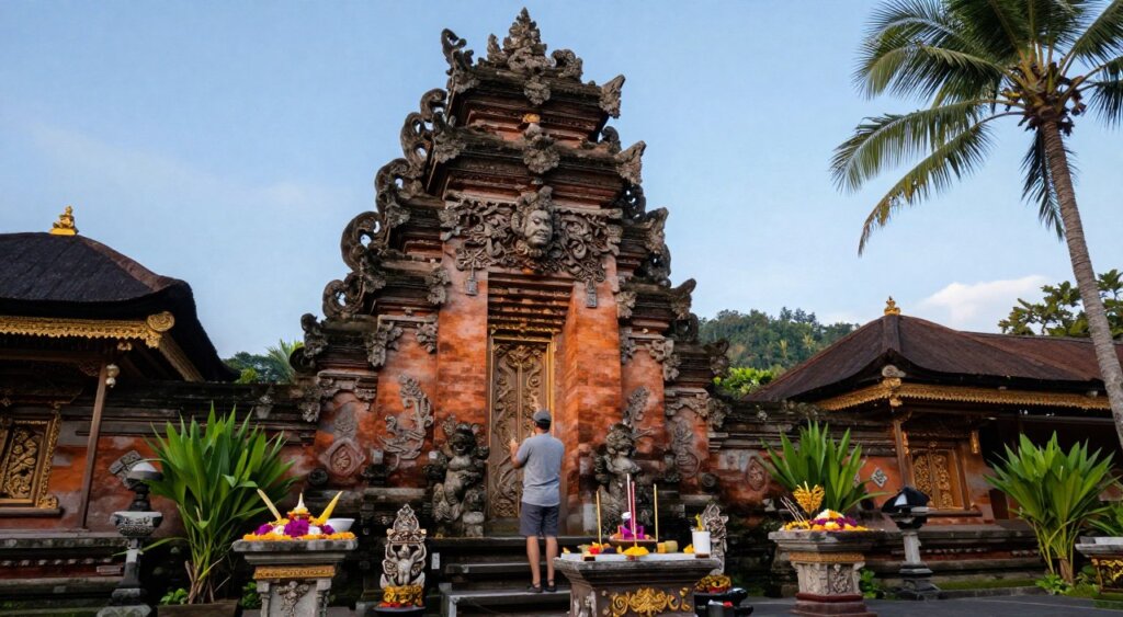 A respectful visitor in modest casual clothing, standing at the entrance of a serene Balinese temple, deep in thought as they study the intricate stone carvings and lush greenery surrounding them. The foreground features traditional offerings placed on a stone altar, adorned with vibrant petals and incense sticks. In the middle ground, the temple's ornate architecture showcases detailed carvings and gold accents, with its majestic roof rising prominently against a clear blue sky. The background includes towering coconut trees and distant hills, creating a peaceful, cultural atmosphere. The image is illuminated by soft natural light, capturing the warmth of the setting sun, enhancing the tranquil mood, highlighting the importance of temple etiquette in sacred spaces. The angle is slightly elevated, offering a comprehensive view of the scene while retaining a sense of intimacy and reverence.
