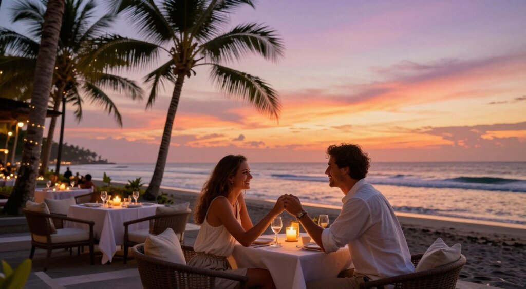 A romantic couple seated at a luxurious beach club in Bali during sunset, showcasing their intimate moment. In the foreground, the couple, dressed in elegant, casual attire, shares a quiet laugh while holding hands, seated at a beautifully arranged table draped with soft linens and flickering candles. The middle ground features a stylish beach club with plush lounge chairs and elegant décor, framed by palm trees swaying gently in the warm breeze. In the background, the sun dips below the horizon, casting vibrant hues of orange, pink, and purple across the sky, reflecting on the calm waves of the ocean. The lighting is warm and soft, evoking a serene and romantic atmosphere, captured in a high dynamic range to emphasize the details and colors of this picturesque scene.