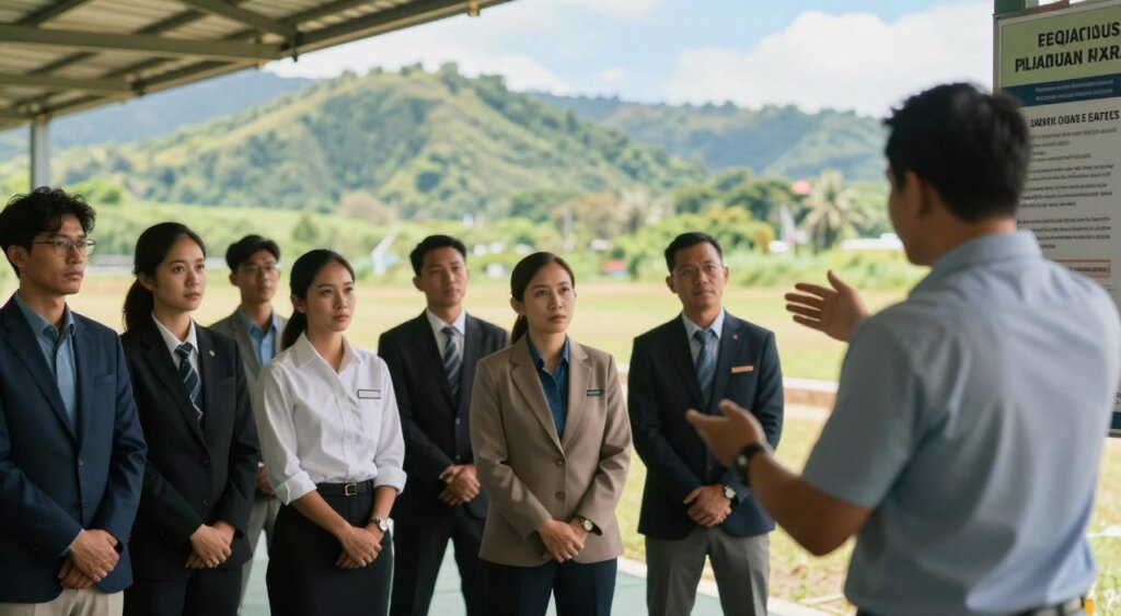 A safety briefing at a Bali shooting range, featuring a diverse group of individuals in professional business attire gathered around an instructor in front of a shooting range backdrop. The foreground shows the instructor gesturing towards a safety poster, demonstrating the importance of firearm handling protocols. In the middle ground, participants attentively listen with focused expressions, some taking notes. The background reveals a picturesque scene of lush Bali hills under a clear blue sky, creating a stark contrast to the shooting range. Soft, natural lighting enhances the scene, with a shallow depth of field focusing on the people while softly blurring the background. The atmosphere is serious yet collaborative, emphasizing safety and compliance in an engaging training environment.