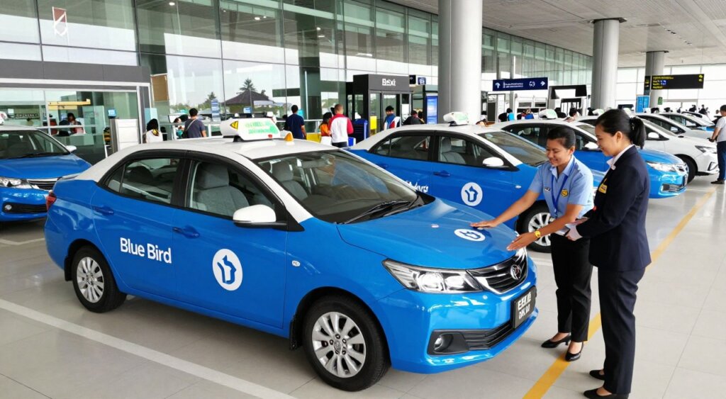 A scene at Bali Airport's departures area, showcasing a Blue Bird taxi booking station. In the foreground, a friendly staff member is assisting a traveler, both dressed in professional attire, with the gleaming Blue Bird taxi logo prominently displayed. The middle ground features several Blue Bird taxis lined up, waiting for passengers, their distinctive blue color contrasting with the terminal's modern architecture. In the background, large glass windows reveal the vibrant airport atmosphere filled with arriving and departing travelers. The lighting is bright and natural, emphasizing a welcoming atmosphere, captured with a wide-angle lens to convey the bustling environment. The overall mood is efficient and organized, encapsulating the ease of booking Blue Bird taxi services at the airport.