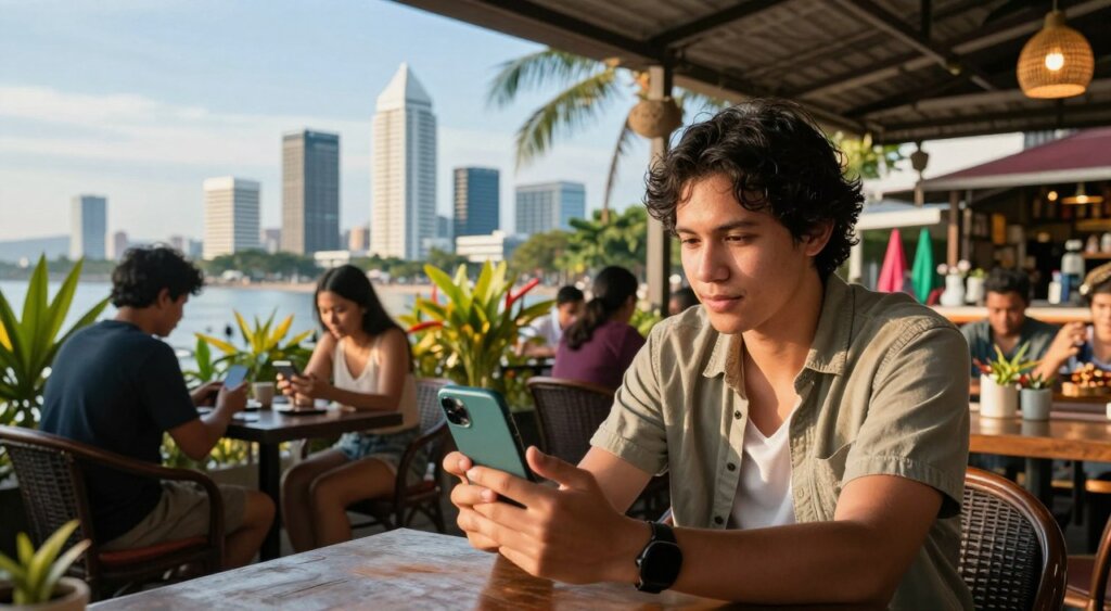 A scene depicting a solo traveler in Kuta, sitting at a vibrant outdoor café, engaged in a video call on their smartphone. In the foreground, the traveler, wearing casual yet modest clothing, has an attentive expression, showcasing the importance of staying connected. The middle ground includes other patrons, also using devices, surrounded by tropical plants and colorful decorations, creating a lively atmosphere. The background features the iconic Kuta skyline with palm trees and clear blue skies. The lighting is warm and inviting, capturing the essence of a sunny day. The composition is framed from a slightly elevated angle, emphasizing the connectivity experience in a safe and friendly environment, conveying a feeling of belonging and security.