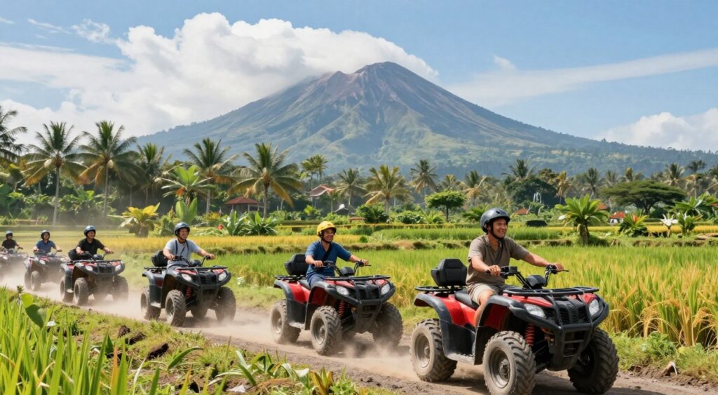 A scenic Bali landscape showcasing an exhilarating ATV tour experience. In the foreground, a diverse group of individuals in modest casual clothing smiles as they navigate rugged terrain on powerful ATVs, kicking up dust from the trail. The middle ground features lush tropical foliage and vibrant rice paddies, adding depth and richness to the scene. The background displays Bali's iconic volcanic mountains under a bright blue sky, accentuated by soft, fluffy clouds. The scene is captured in natural, vibrant lighting, evoking a sense of adventure and excitement. The image should resemble a professional photojournalistic style, focusing on the immersive experience of an ATV tour through Bali's stunning nature.