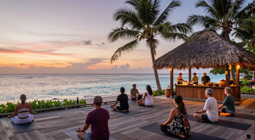 A scenic beachfront resort in Bali during a vibrant sunset, showcasing a variety of activities and entertainment options. In the foreground, a group of adults dressed in modest casual clothing enjoys a yoga session on a wooden deck, with a calm ocean in the background. In the middle, people engage in a cooking class featuring traditional Balinese cuisine under a thatched gazebo, while another couple participates in a guided meditation session nearby. The background displays crystal-clear blue waters and lush palm trees swaying gently in the breeze, enhancing the tropical ambiance. Soft, warm lighting creates a serene and inviting atmosphere, capturing the essence of relaxation and fun at Ramayana Resort & Spa. Ensure a professional, photojournalistic quality with a focus on rich colors and details. A scenic beachfront resort in Bali during a vibrant sunset, showcasing a variety of activities and entertainment options. In the foreground, a group of adults dressed in modest casual clothing enjoys a yoga session on a wooden deck, with a calm ocean in the background. In the middle, people engage in a cooking class featuring traditional Balinese cuisine under a thatched gazebo, while another couple participates in a guided meditation session nearby. The background displays crystal-clear blue waters and lush palm trees swaying gently in the breeze, enhancing the tropical ambiance. Soft, warm lighting creates a serene and inviting atmosphere, capturing the essence of relaxation and fun at Ramayana Resort & Spa. Ensure a professional, photojournalistic quality with a focus on rich colors and details.