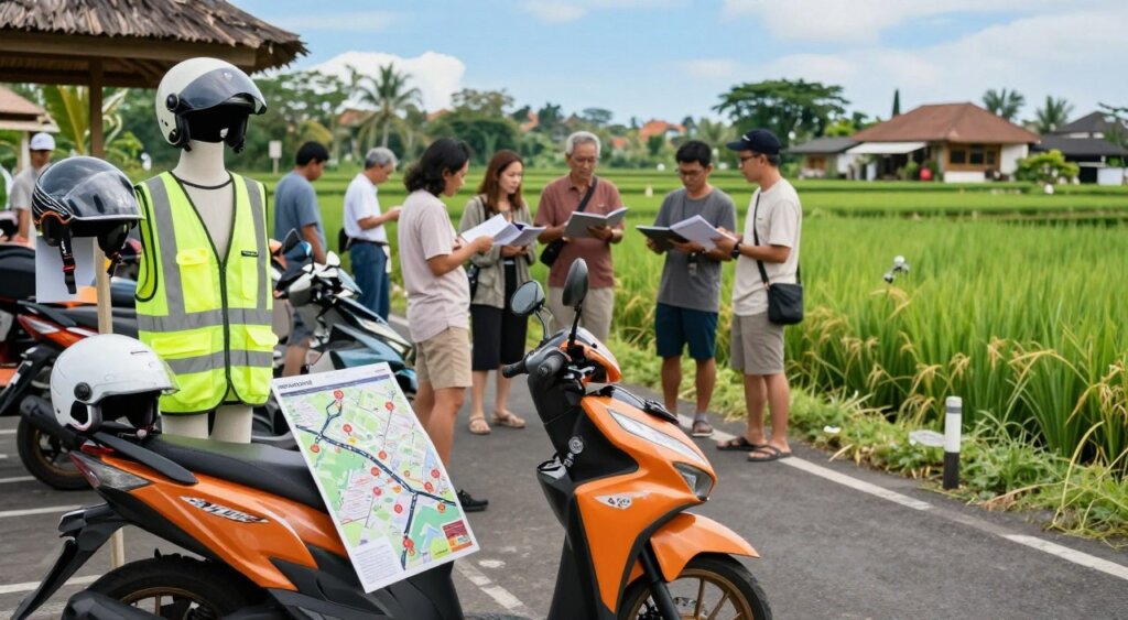 A scenic view in Bali showcasing smart scooter safety tips. In the foreground, a vibrant scooter parked beside a neatly arranged display of essential safety gear: a high-quality helmet, reflective vest, and a detailed map of Bali’s roads, emphasizing safety. The middle ground features a diverse group of individuals in modest casual clothing reading and discussing scooter safety practices, demonstrating good posture and awareness. The background reveals lush green rice paddies and iconic Balinese architecture under a bright blue sky, creating a warm, inviting atmosphere. The scene is captured in soft, natural lighting, with a slightly tilted angle that conveys a dynamic sense of movement, emphasizing the importance of safe riding in a picturesque setting.