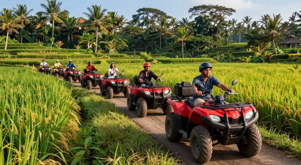 A scenic view of ATV tour trails in Ubud, Bali, showcasing rugged, winding dirt paths surrounded by lush, verdant rice paddies and tropical vegetation. In the foreground, a bright red ATV sits prominently, ready for adventure, while in the middle ground, a diverse group of tourists, dressed in colorful, modest outdoor clothing, ride ATVs along the trail, their expressions reflecting excitement and wonder. The background reveals dense jungle foliage and distant rice terraces under a clear blue sky, with soft, golden sunlight illuminating the scene, creating a warm, inviting atmosphere. The angle captures the thrill of exploration, reminiscent of a National Geographic photojournalism style, emphasizing the natural beauty and adventure of Ubud's ATV tour trails.