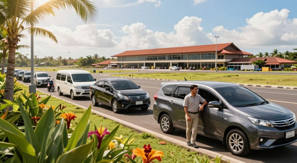 A scenic view of Bali airport transfer options, featuring a professional driver in modest casual clothing standing beside a sleek, modern vehicle ready for pick-up. In the foreground, vibrant tropical greenery and flowers frame the scene, highlighting the paradise atmosphere of Bali. The middle ground showcases various modes of transport, including a shared shuttle, a luxury private car, and a scooter, emphasizing diverse transfer options to Ubud. In the background, the Bali airport building is visible under bright, sunny skies, with a few fluffy clouds. The lighting is bright and inviting, creating a warm and welcoming mood. Capture the image from a slightly elevated angle to include both the airport and the surrounding lush landscape, resembling high-quality photojournalism akin to National Geographic standards.