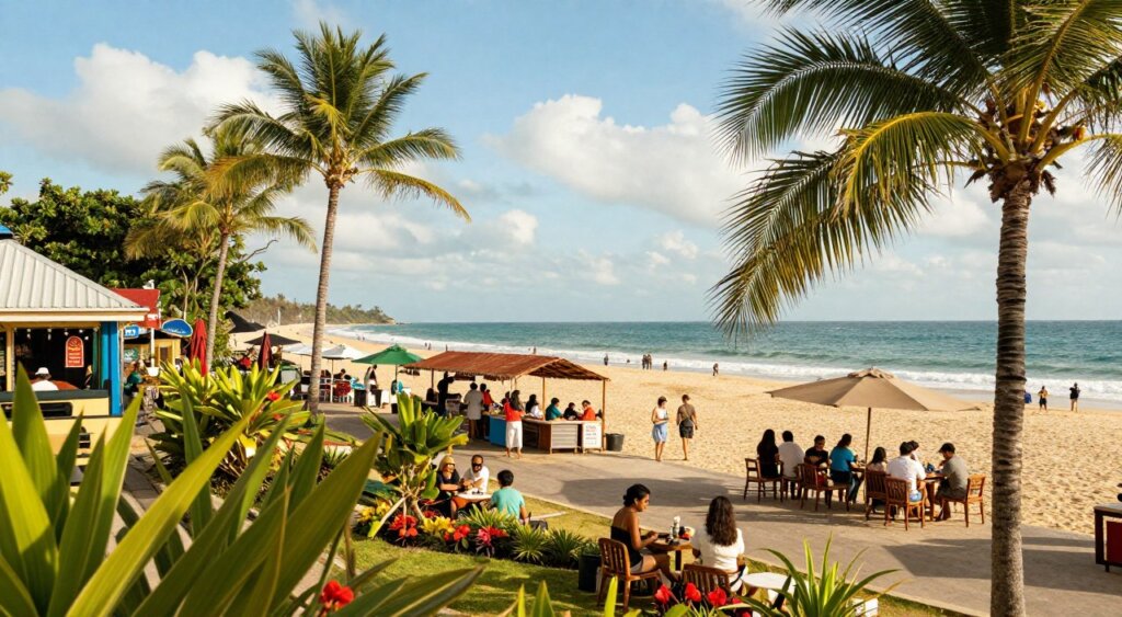 A scenic view of Kuta beach resort, showcasing local attractions in the surrounding area. In the foreground, lush tropical flora, including palm trees and vibrant flowers, frame the beach. The middle ground features a vibrant beach promenade bustling with visitors exploring local shops and cafes, some people casually enjoying refreshments, dressed in modest summer attire. In the background, the azure ocean gently laps against the sandy shore under a bright blue sky dotted with soft white clouds. Use warm, golden lighting to evoke a cheerful, inviting atmosphere, with a focus on capturing the dynamic essence of the local culture. The composition should be shot from a slightly elevated angle to encompass the beach and attractions, reminiscent of professional photojournalism. A scenic view of Kuta beach resort, showcasing local attractions in the surrounding area. In the foreground, lush tropical flora, including palm trees and vibrant flowers, frame the beach. The middle ground features a vibrant beach promenade bustling with visitors exploring local shops and cafes, some people casually enjoying refreshments, dressed in modest summer attire. In the background, the azure ocean gently laps against the sandy shore under a bright blue sky dotted with soft white clouds. Use warm, golden lighting to evoke a cheerful, inviting atmosphere, with a focus on capturing the dynamic essence of the local culture. The composition should be shot from a slightly elevated angle to encompass the beach and attractions, reminiscent of professional photojournalism.
