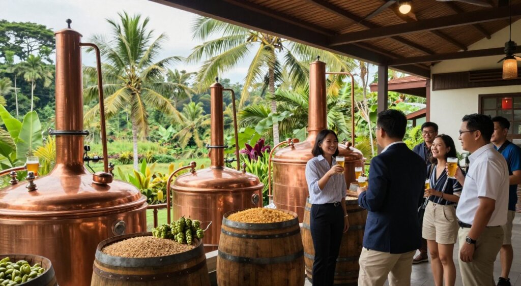 A scenic view of a Bali beer brewery, showcasing the lush, tropical landscape in the background with vibrant greenery and palm trees. In the foreground, a group of visitors in smart casual attire engaging in a brewery tour, examining brewing equipment and tasting freshly brewed beer. The middle ground features large copper brewing tanks and wooden barrels, with hops and barley displayed. Soft, natural light filters in, creating a warm and inviting atmosphere, reminiscent of a sunny day in Bali. The composition is captured with a wide-angle lens, emphasizing the unique architecture of the brewery while maintaining a focus on the visitors’ joyful expressions as they explore the world of Balinese craft beer.