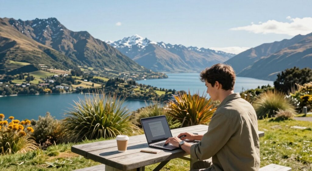 A scenic view of a digital nomad working on a laptop outdoors in New Zealand, foreground featuring a young professional wearing casual but polished attire, sitting at a picnic table. In the middle ground, lush green mountains and vibrant native plants surround the workspace, with a clear blue sky above. The background showcases the iconic landscapes of New Zealand, including a glimmering lake and distant snow-capped peaks. Use soft, natural lighting to create a warm and inviting atmosphere, capturing the essence of a carefree and productive lifestyle. The image should have a wide-angle perspective to emphasize the stunning scenery, evoking a sense of adventure and tranquility.
