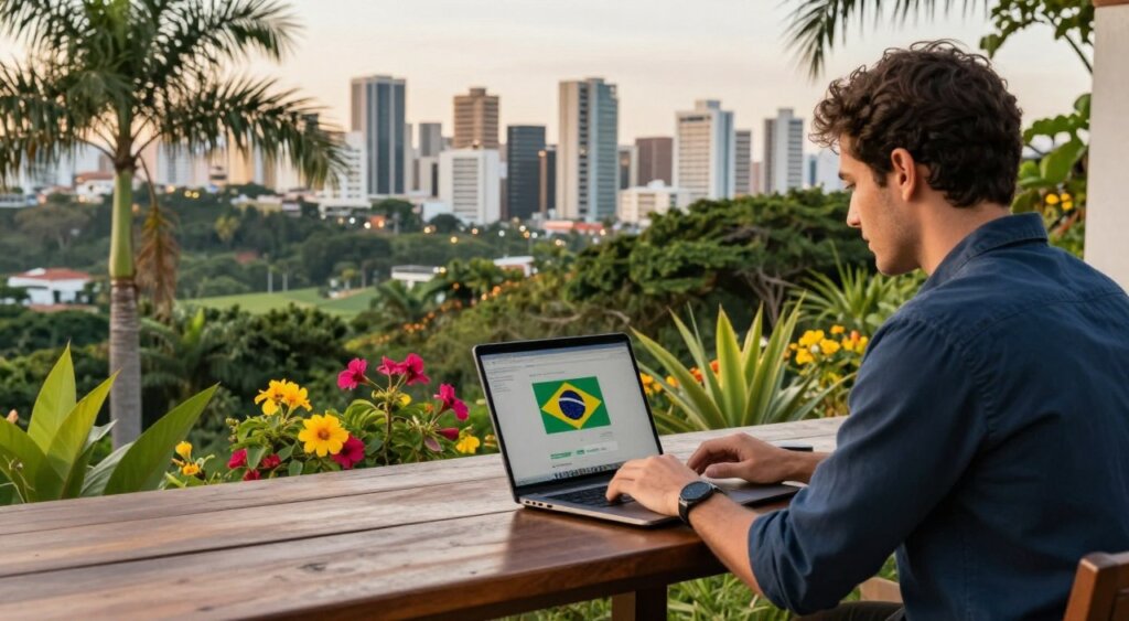 A scenic view of a digital nomad working remotely in Brazil, highlighting the country’s vibrant and evolving internet connectivity. In the foreground, a professional individual, dressed in smart casual attire, is sitting at a wooden outdoor table with a laptop, focused on the screen. The middle layer features a lush tropical landscape, with palm trees and bright flowers, indicative of Brazil’s natural beauty. In the background, a modern city skyline can be seen, emphasizing technological infrastructure. The lighting is soft and warm, evoking a serene, productive atmosphere. The angle captures both the subject and the surrounding environment, suggesting a perfect blend of work and leisure in a dynamic setting. The composition reflects a harmonious relationship between nature and modern technology while being ideal for showcasing Brazil as a remote work destination.