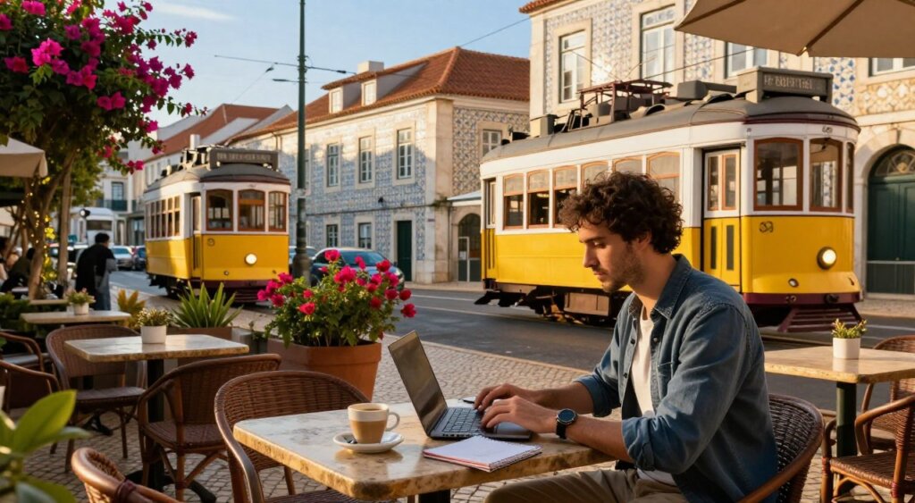 A scenic view of a digital nomad working remotely in Portugal, set in a charming outdoor café in Lisbon during golden hour. In the foreground, a focused individual in smart casual attire types on a laptop, surrounded by a cup of coffee and a notebook. The middle ground features rustic stone tables with vibrant bougainvillea and other greenery, providing a lively atmosphere. In the background, iconic yellow tram cars traverse the cobblestone streets, and traditional Portuguese buildings with colorful tiles rise against a clear blue sky. Warm, golden sunlight illuminates the scene, evoking a sense of productivity and tranquility, embodying the essence of remote work in a picturesque locale.