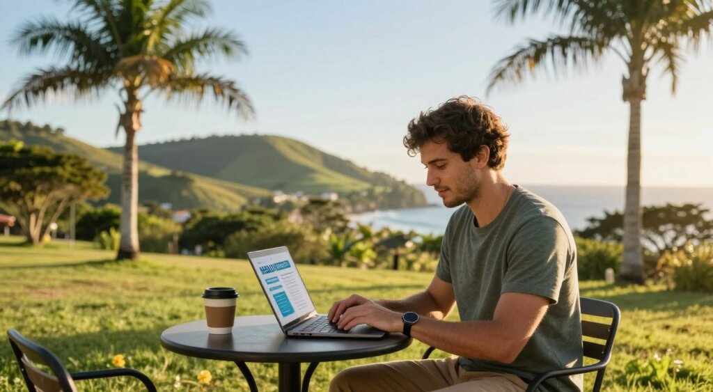 A scenic view of a modern digital nomad working on a laptop outdoors in a vibrant Uruguayan landscape, highlighting the essence of health insurance for travelers. In the foreground, a young professional in smart casual attire types on a sleek laptop, surrounded by a small table with a coffee cup and a health insurance brochure. The middle ground showcases lush greenery with palm trees and a clear sky, enchanting the atmosphere with a sense of adventure and freedom. In the background, soft rolling hills lead to the coastline of Uruguay, suggesting both relaxation and opportunity. The lighting is warm and inviting, reflecting the golden hour, with a shallow depth of field focusing on the individual while softly blurring the surrounding landscape. The mood is optimistic and inspiring, perfect for illustrating health care for the modern wanderer.
