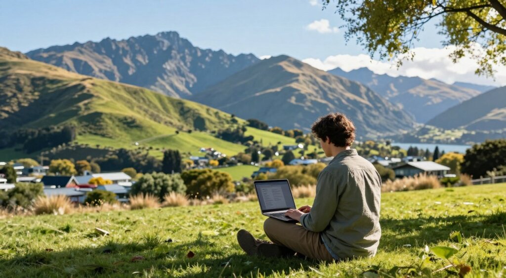 A scenic view of a professional digital nomad working outdoors in New Zealand, positioned in the foreground is a person in modest casual clothing, focused on a laptop, surrounded by nature. In the middle ground, a vibrant, lush landscape showcases iconic New Zealand features such as rolling green hills and distant mountains under a bright blue sky. The background includes a glimpse of a quaint New Zealand town or city, hinting at modern amenities and co-working spaces. Soft, natural lighting casts gentle shadows, creating an inviting atmosphere that reflects freedom and productivity. The overall mood is inspiring and hopeful, symbolizing the concept of a digital nomad visa in a unique and picturesque setting.