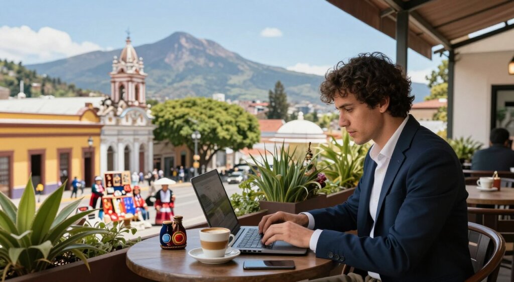 A scenic view of a remote worker sitting at an outdoor café in Argentina, surrounded by vibrant greenery and historic architecture. In the foreground, a focused individual in smart casual business attire types on a laptop, with a warm coffee cup beside them. In the middle ground, local artisans showcase handcrafted goods, adding cultural richness. The background features iconic Argentinian landmarks like colorful buildings and majestic mountains under a clear blue sky. The image captures soft, natural lighting suggesting a sunny day, with a slightly blurred depth of field to emphasize the worker. The atmosphere is inspiring and dynamic, evoking the essence of a flourishing digital nomad lifestyle in a vibrant, culturally rich environment.