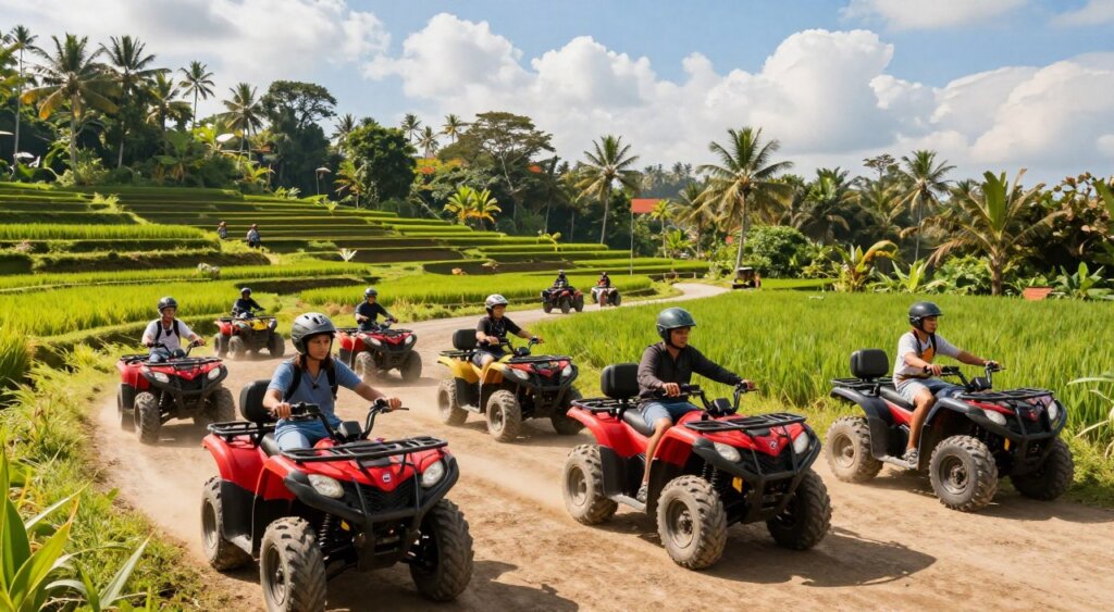 A scenic view of beginner ATV riding techniques in a lush, tropical Bali landscape. In the foreground, a diverse group of beginners—dressed in protective gear and casual clothing—practice basic ATV skills on bright, vibrant ATVs. The middle ground showcases a winding dirt path with a few riders navigating gentle bends, demonstrating the correct body posture and steering techniques. In the background, the iconic green rice terraces of Ubud rise against a clear blue sky, with fluffy white clouds adding depth. The image is illuminated by warm, natural sunlight, enhancing the vibrant colors of the surroundings, and the angle captures a dynamic perspective that emphasizes movement and excitement. The overall atmosphere conveys a sense of adventure and learning in a breathtaking environment.