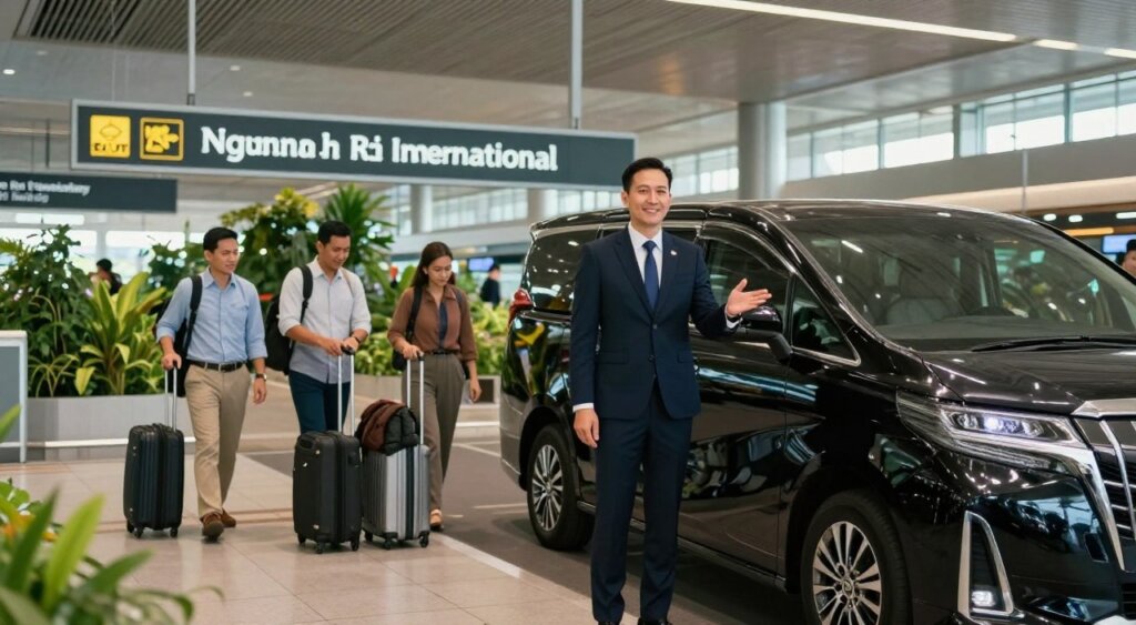 A seamless airport arrival experience at Ngurah Rai International Airport in Bali. In the foreground, a professional driver in business attire stands beside a sleek, luxury vehicle, ready to greet passengers with a warm smile and a welcoming gesture. In the middle ground, well-dressed travelers, appearing relaxed and content, are being assisted with their luggage as they transition smoothly from the terminal. The background features the modern airport architecture with clear signage and lush greenery typical of Bali, illuminated by soft, natural lighting that creates an inviting atmosphere. The scene captures a sense of efficiency and comfort, reflecting a stress-free journey, shot from a low angle to emphasize the elegance of the experience.