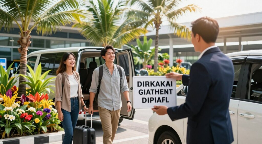 A serene Bali airport scene featuring a professional-looking driver holding a sign with a passenger’s name in the foreground. In the middle ground, a couple, dressed in modest casual clothing, looks relieved and happy as they step out of the arrival terminal, greeted warmly by the driver. In the background, lush tropical palm trees and colorful flowers frame the airport entrance, with sunlight filtering through, creating a vibrant and welcoming atmosphere. The image captures the essence of convenience and comfort associated with pre-booked airport transfers, emphasizing a smooth travel experience. Use natural lighting to enhance the cheerful mood, focusing on a slightly elevated angle to encapsulate the busy yet welcoming vibe of Bali's airport. A serene Bali airport scene featuring a professional-looking driver holding a sign with a passenger’s name in the foreground. In the middle ground, a couple, dressed in modest casual clothing, looks relieved and happy as they step out of the arrival terminal, greeted warmly by the driver. In the background, lush tropical palm trees and colorful flowers frame the airport entrance, with sunlight filtering through, creating a vibrant and welcoming atmosphere. The image captures the essence of convenience and comfort associated with pre-booked airport transfers, emphasizing a smooth travel experience. Use natural lighting to enhance the cheerful mood, focusing on a slightly elevated angle to encapsulate the busy yet welcoming vibe of Bali's airport.