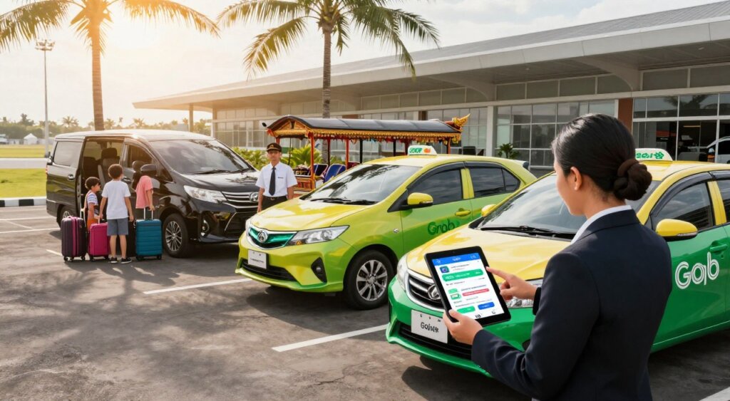 A serene Bali airport scene showcasing various airport transfer options. In the foreground, a professional-looking travel agent points at a tablet displaying ride-hailing services, surrounded by sleek cars from Grab and Gojek in vibrant colors. In the middle, a taxi driver in a neat uniform waits beside a traditional Balinese taxi. To the left, a family with luggage examines a private transfer vehicle, emphasizing comfort and convenience. The background features the Bali airport terminal with palm trees in gentle sunlight, casting soft shadows. The image should have a warm, inviting atmosphere, captured in a photojournalism style with a slightly tilted angle for dynamic composition, imbuing a sense of exploration and choice.