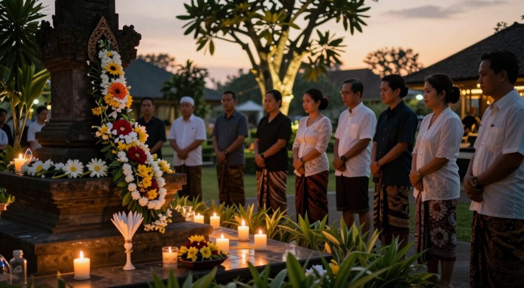 A serene Bali bombing memorial scene at dusk, focusing on a beautifully designed monument adorned with flowers and candles in the foreground. Soft flickering candlelight reflects off polished stone, creating a peaceful ambiance. In the middle, a small group of visitors in modest, respectful attire stand in silent reflection, their faces expressing deep contemplation, capturing a moment of connection with the solemnity of the tribute. Lush greenery surrounds the area, with beautifully lit trees casting gentle shadows in the background. A subtle, golden twilight sky enhances the mood of remembrance and tranquility. The image should be captured with a shallow depth of field, emphasizing the details of the memorial while softly blurring the background to draw the viewer's focus on the personal connections being made.