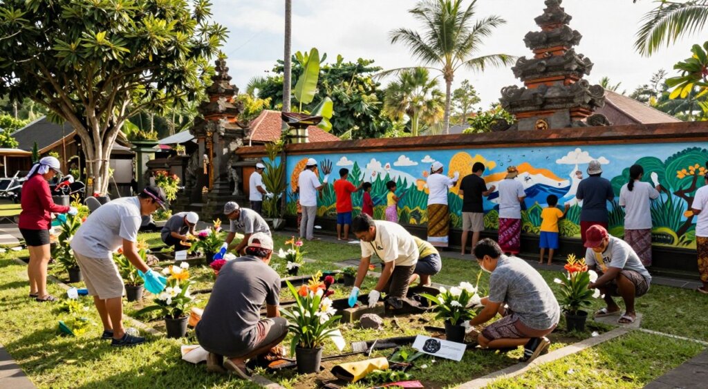 A serene Bali community scene at the daylight hours, depicting a group of volunteers engaged in various supportive activities in front of the Bali Bombing Memorial. In the foreground, diverse individuals in modest casual clothing are seen planting flowers and cleaning the memorial site, showcasing their dedication. In the middle ground, a small gathering of community members, including local children, are painting a colorful mural that represents unity and resilience. The background features lush tropical trees and the iconic memorial structure, bathed in warm, natural sunlight to create an uplifting atmosphere. The composition is captured with a wide-angle lens to encompass the entire scene, emphasizing the sense of community and support while maintaining a respectful tone.